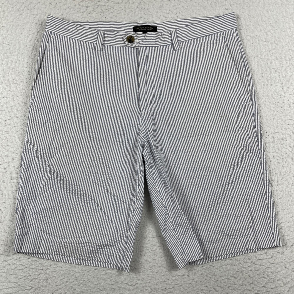 Banana Republic Emerson Shorts‎ Mens 32 Blue Striped Seersucker Summer Casual